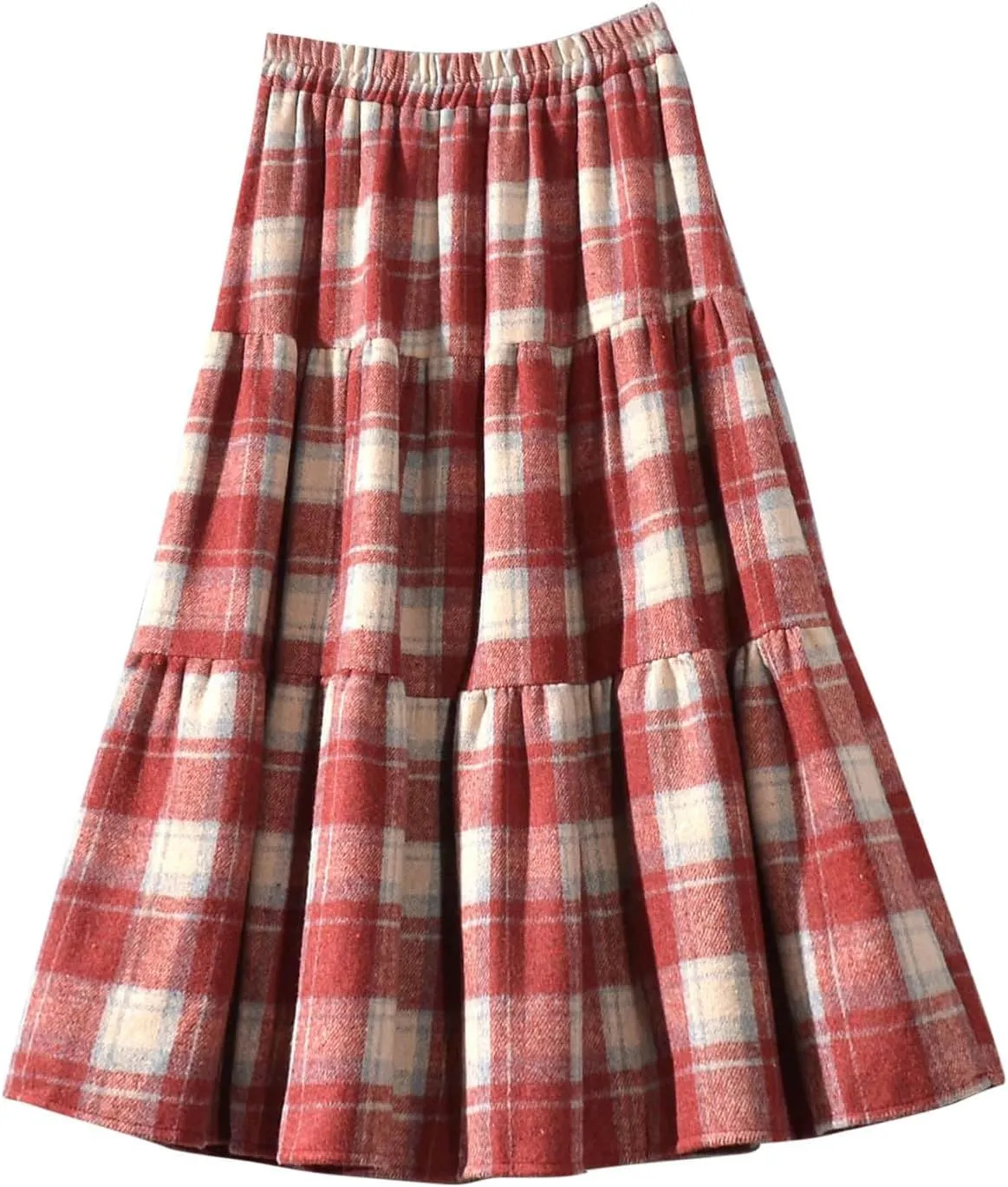 Women's Plaid Skirt Elastic High Waist Wool Skirts Trendy A Line Tiered Ruffle Swing Skirt Casual Loose Long Skirts