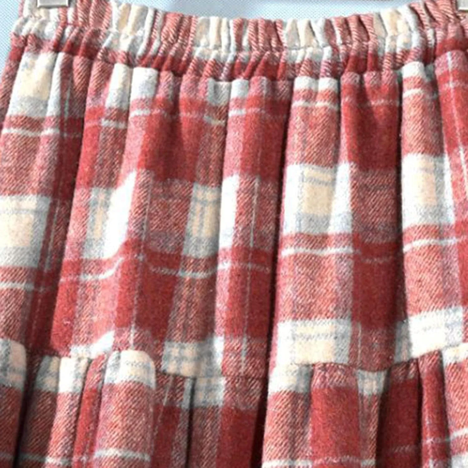 Women's Plaid Skirt Elastic High Waist Wool Skirts Trendy A Line Tiered Ruffle Swing Skirt Casual Loose Long Skirts