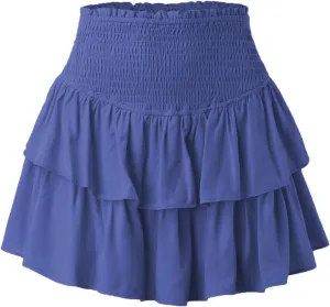 Womens Pleated Mini Skirt Casual A-line Ruffle Tiered Skirt Flowy Swing Basic Versatile Stretchy Casual Beach Short Skirt