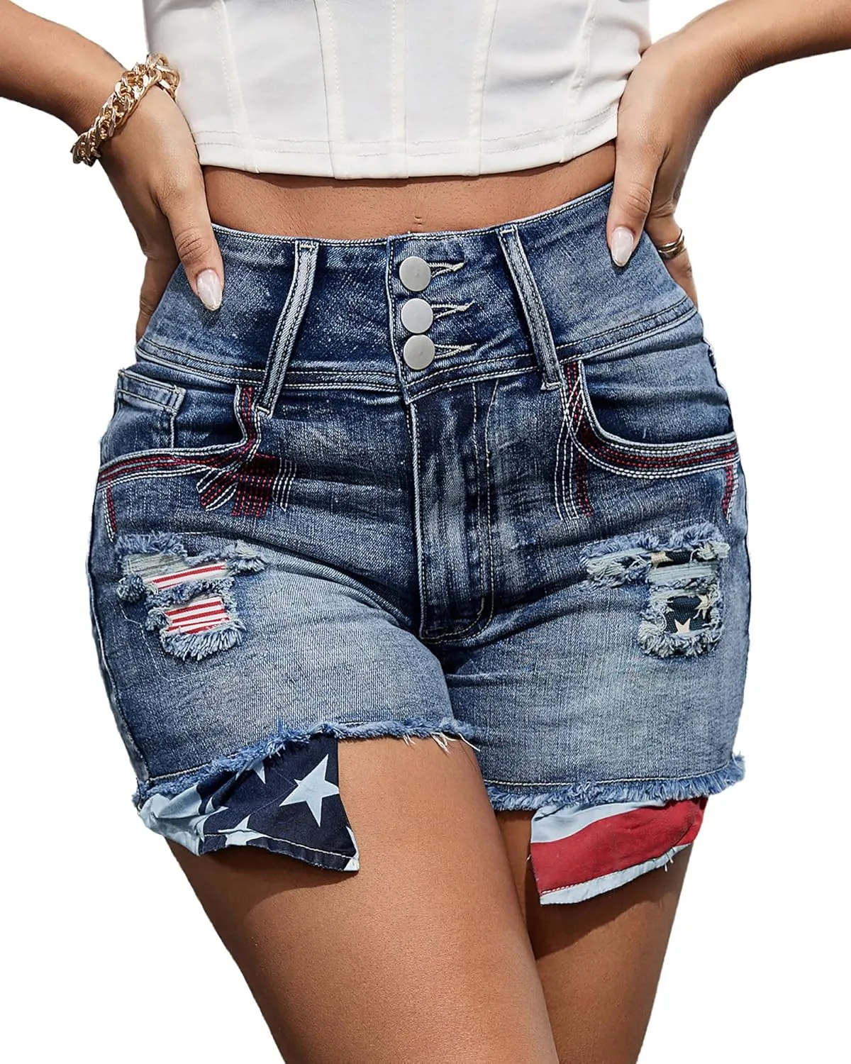 Women's Ripped American Flag Jean Shorts High Waisted Distressed Raw Hem Casual Denim Shorts