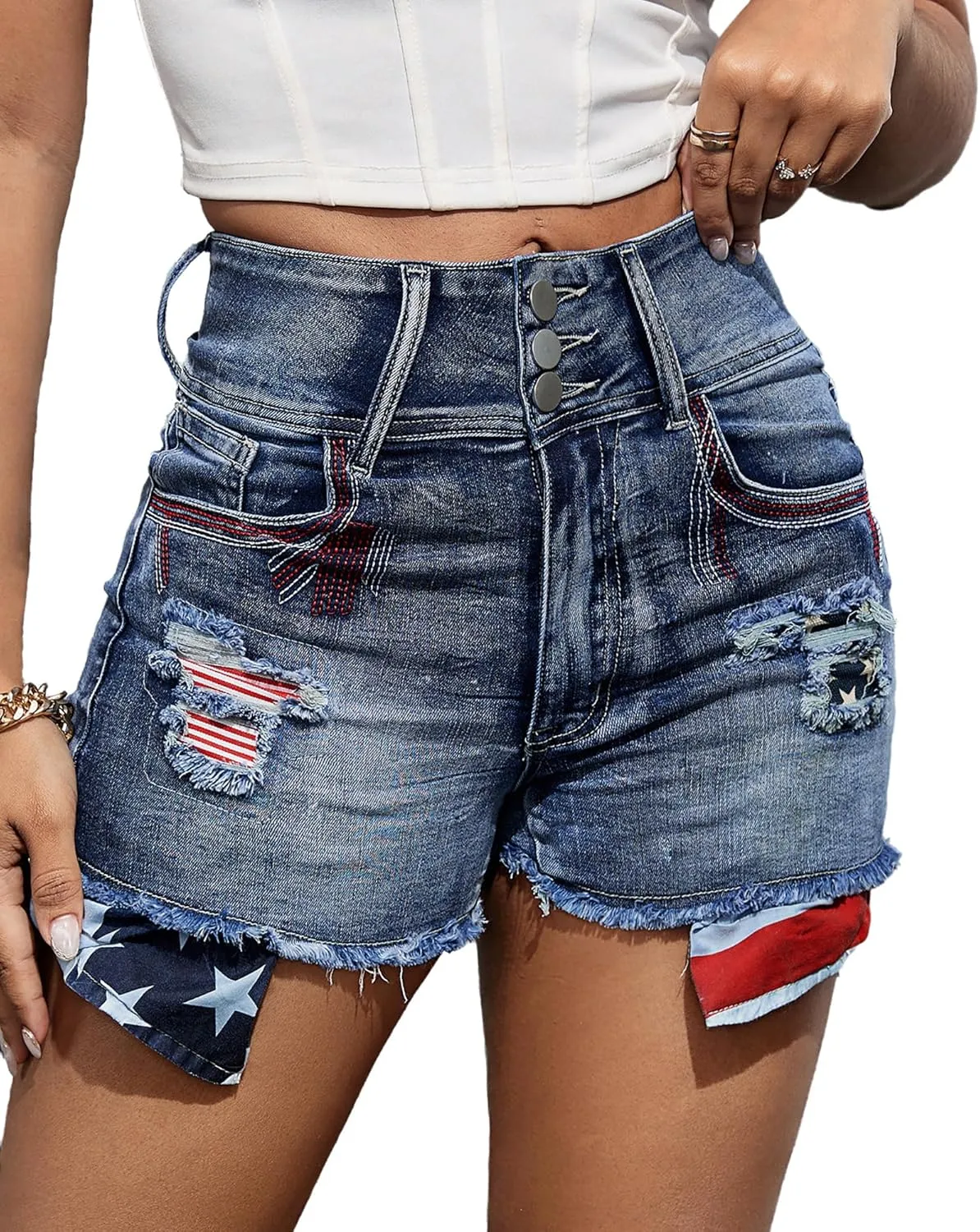 Women's Ripped American Flag Jean Shorts High Waisted Distressed Raw Hem Casual Denim Shorts