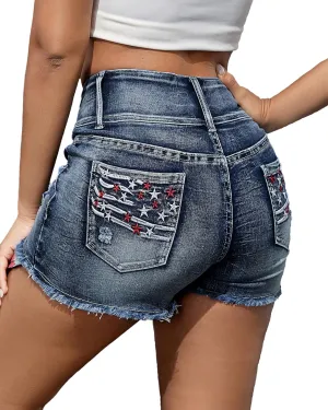 Women's Ripped American Flag Jean Shorts High Waisted Distressed Raw Hem Casual Denim Shorts