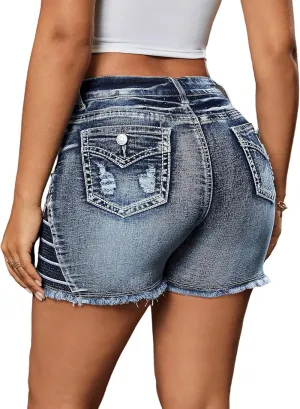 Women's Ripped American Flag Jean Shorts High Waisted Distressed Raw Hem Casual Denim Shorts