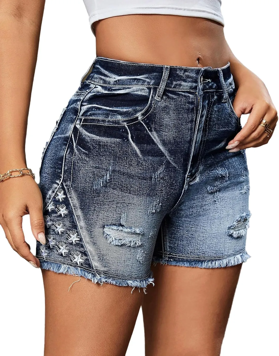Women's Ripped American Flag Jean Shorts High Waisted Distressed Raw Hem Casual Denim Shorts