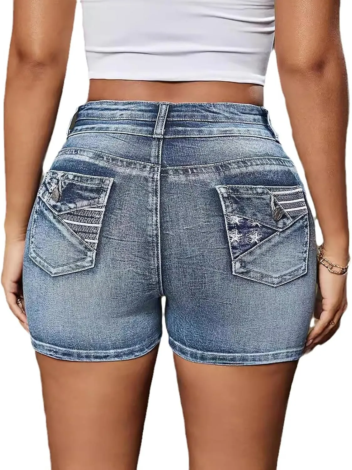 Women's Ripped American Flag Jean Shorts High Waisted Distressed Raw Hem Casual Denim Shorts