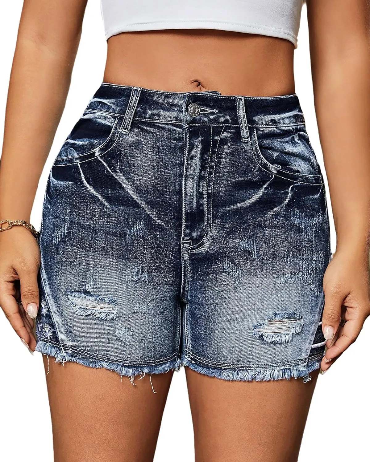 Women's Ripped American Flag Jean Shorts High Waisted Distressed Raw Hem Casual Denim Shorts