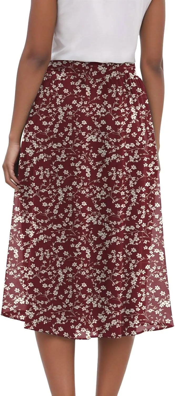 Women's Skirt Chiffon Elastic Waist A-Line Midi Length Flowy Swing Elegant Midi Skirts