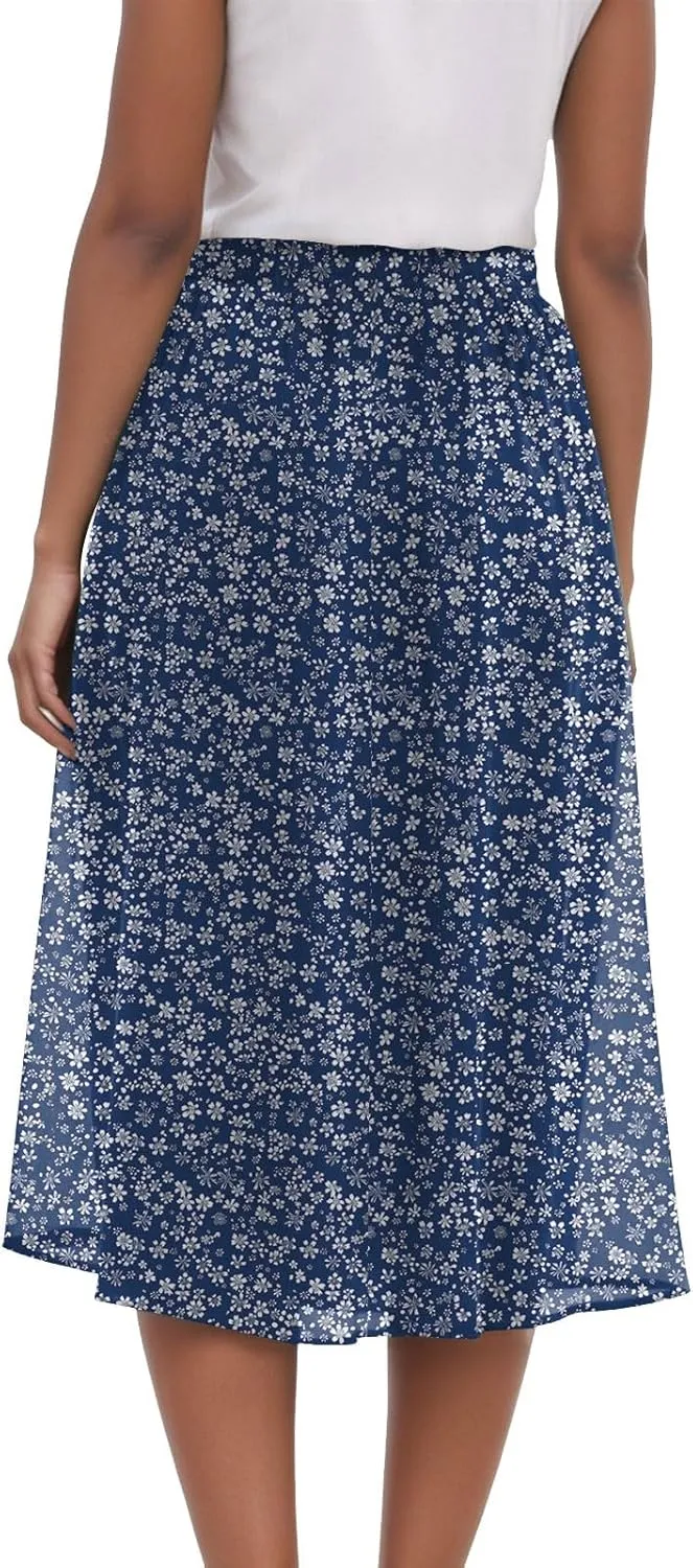 Women's Skirt Chiffon Elastic Waist A-Line Midi Length Flowy Swing Elegant Midi Skirts
