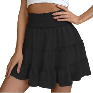 Women's Skirt with Shorts Elastic Waist Pleated Layer Ruffle Hem Short Skirt Casual Fashion Flowy Beach A Line Skort