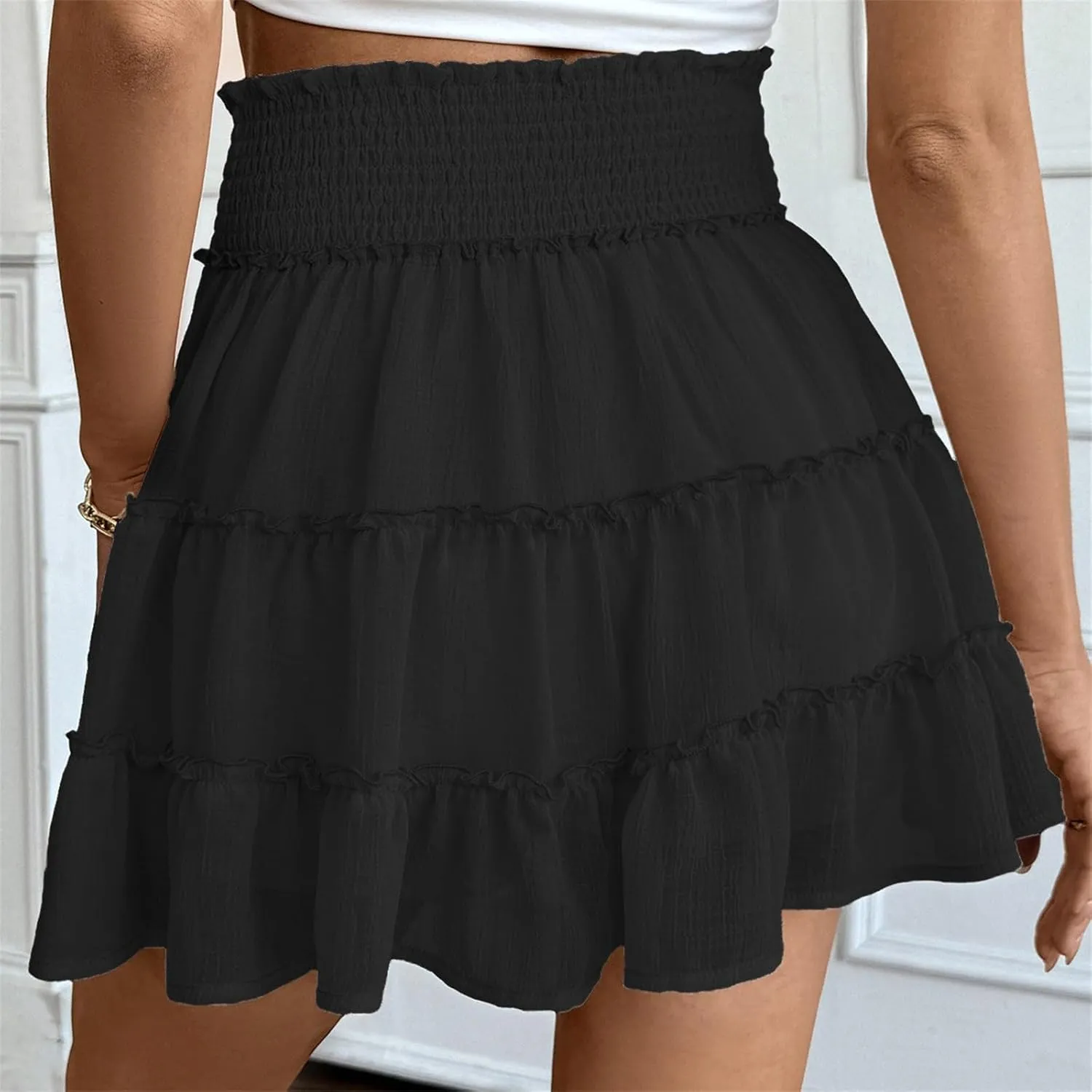 Women's Skirt with Shorts Elastic Waist Pleated Layer Ruffle Hem Short Skirt Casual Fashion Flowy Beach A Line Skort