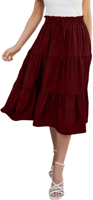 Womens Skirts for Summer Vacation Casual High Elastic Waist Drawstring Ruffles Tummy Control A-Line Loose Midi Skirts