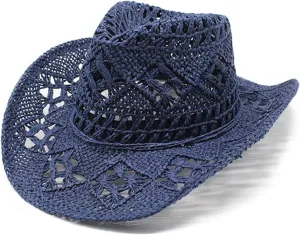 Womens Straw Cowboy Hats Western Beach Hats for Women Holiday Foldable Vacation Summer Sun Hat with Wide Brim