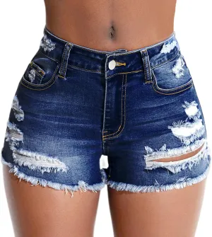Women's Stretch Ripped Denim Shorts Mid Waist Casual Frayed Raw Hem Distressed Jean Shorts