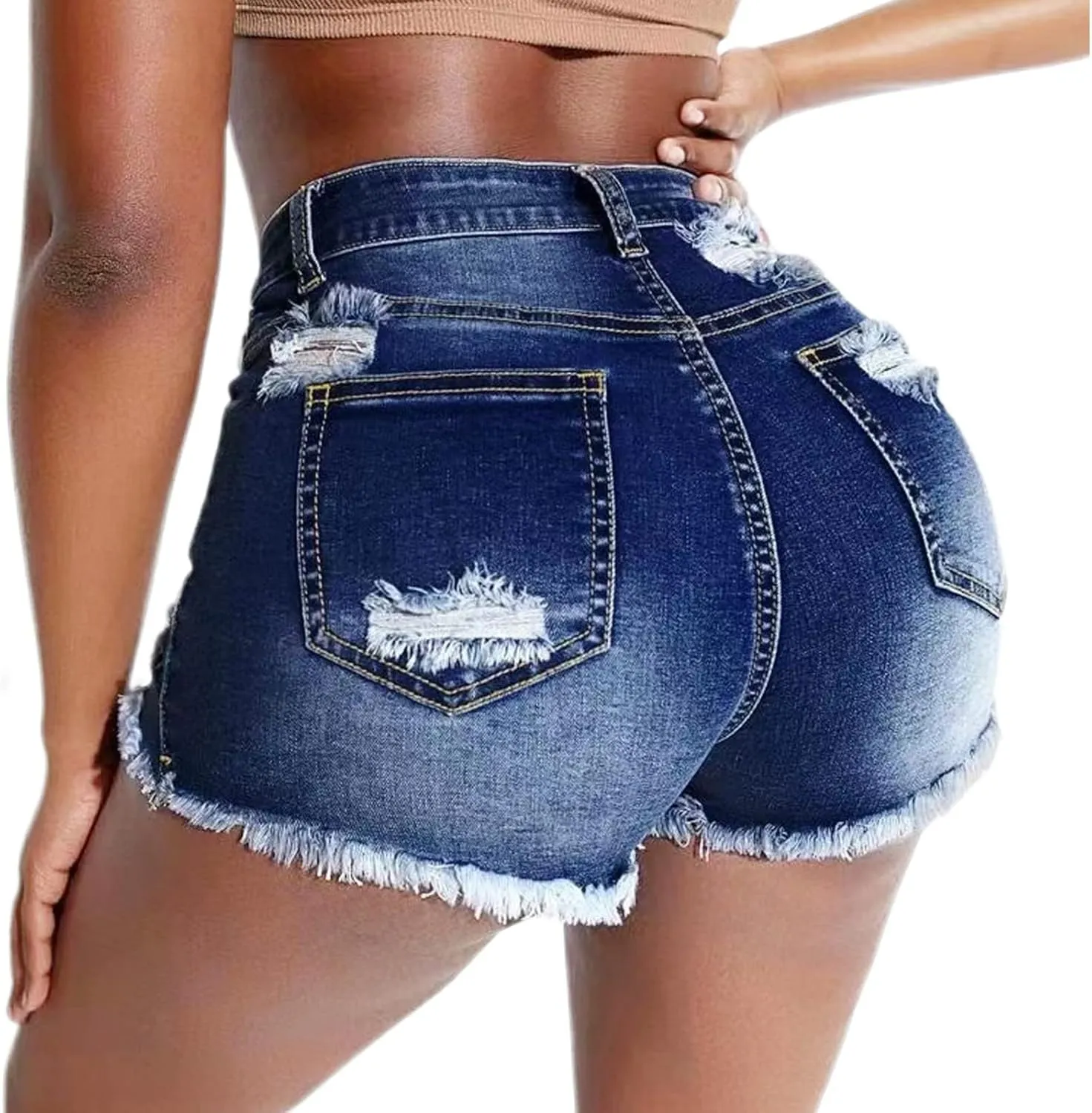 Women's Stretch Ripped Denim Shorts Mid Waist Casual Frayed Raw Hem Distressed Jean Shorts