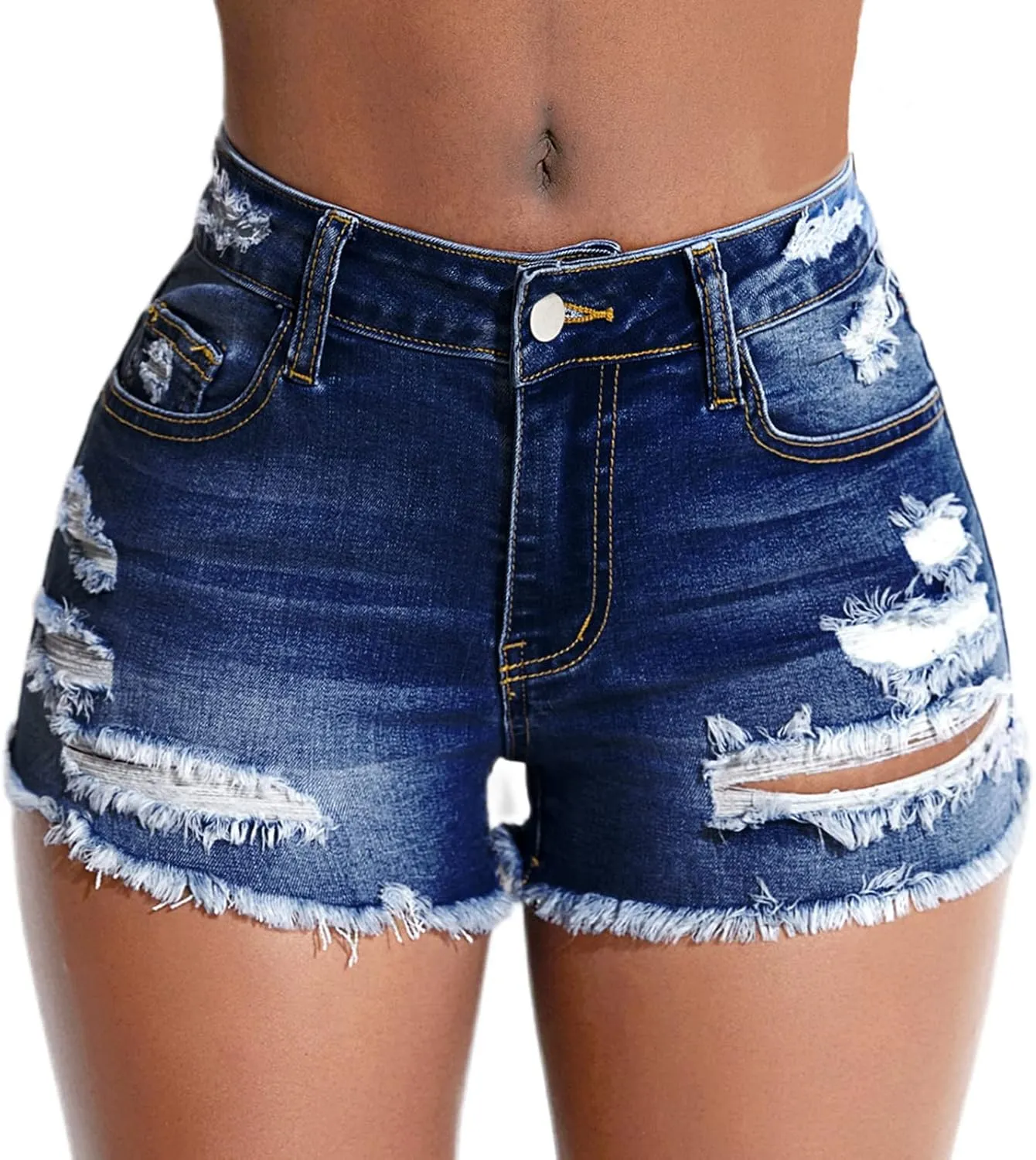 Women's Stretch Ripped Denim Shorts Mid Waist Casual Frayed Raw Hem Distressed Jean Shorts