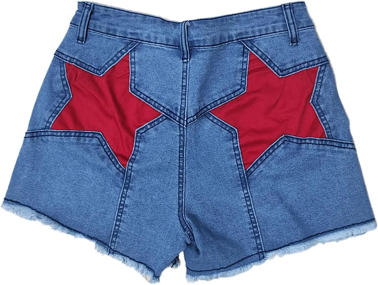 Womens Stretchy High Waisted Jean Shorts Cute Star Patchwork Frayed Raw Hem Denim Shorts