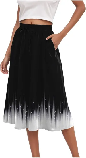 Women's Summer Boho Floral Midi Skirts Casual Flowy Tiered A-Line Elastic Waist Skirt with Pockets