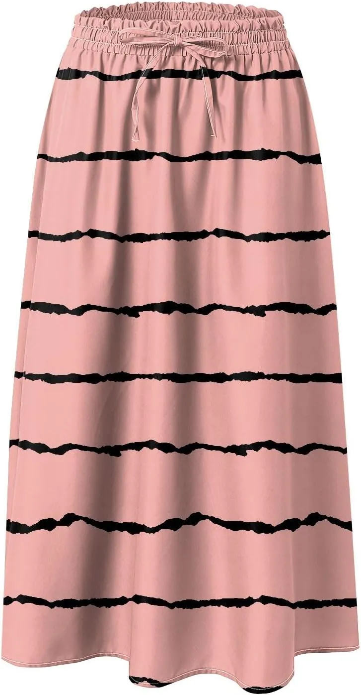 Women's Summer Boho Floral Midi Skirts Casual Flowy Tiered A-Line Elastic Waist Skirt with Pockets