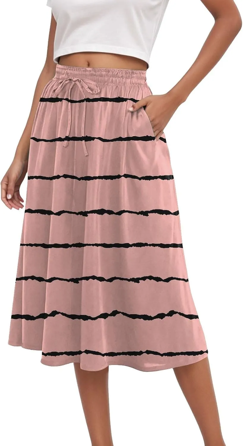 Women's Summer Boho Floral Midi Skirts Casual Flowy Tiered A-Line Elastic Waist Skirt with Pockets