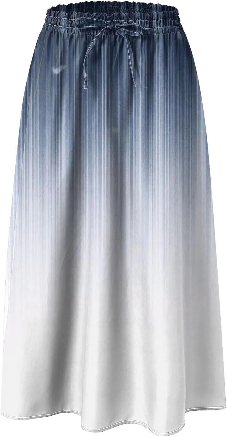 Women's Summer Boho Floral Midi Skirts Casual Flowy Tiered A-Line Elastic Waist Skirt with Pockets