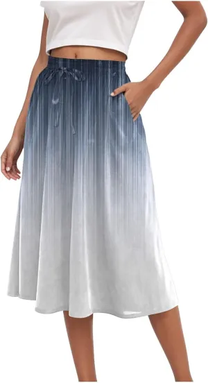 Women's Summer Boho Floral Midi Skirts Casual Flowy Tiered A-Line Elastic Waist Skirt with Pockets