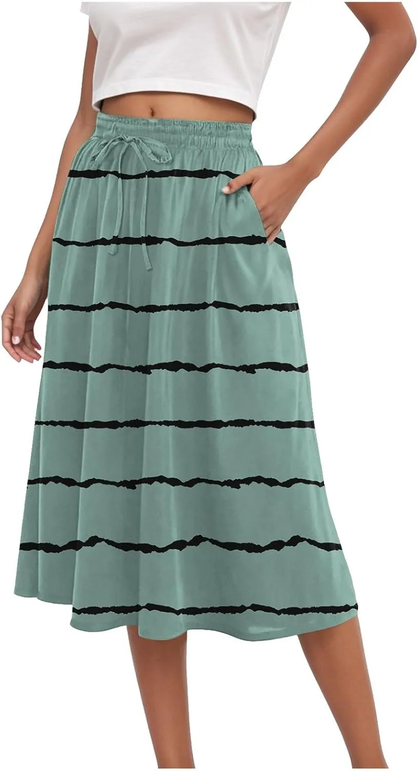 Women's Summer Boho Floral Midi Skirts Casual Flowy Tiered A-Line Elastic Waist Skirt with Pockets