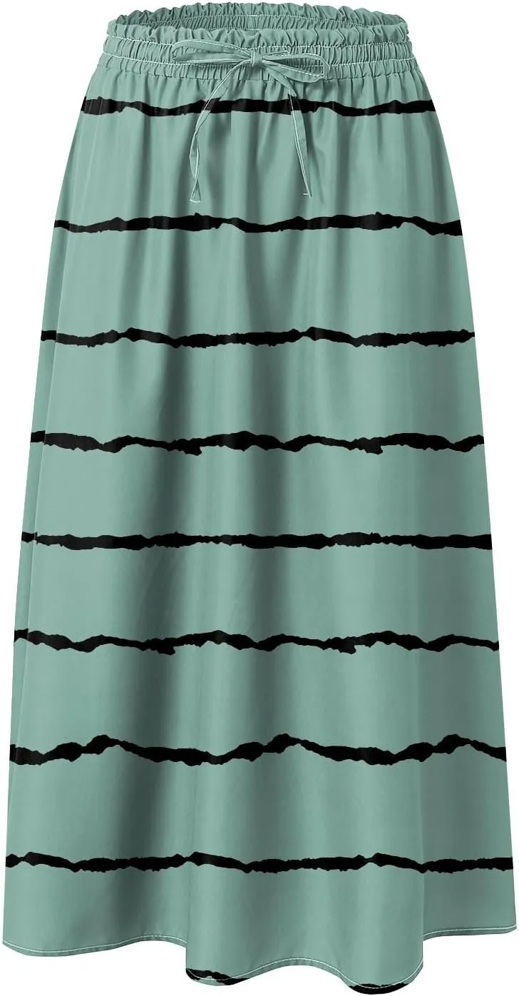 Women's Summer Boho Floral Midi Skirts Casual Flowy Tiered A-Line Elastic Waist Skirt with Pockets