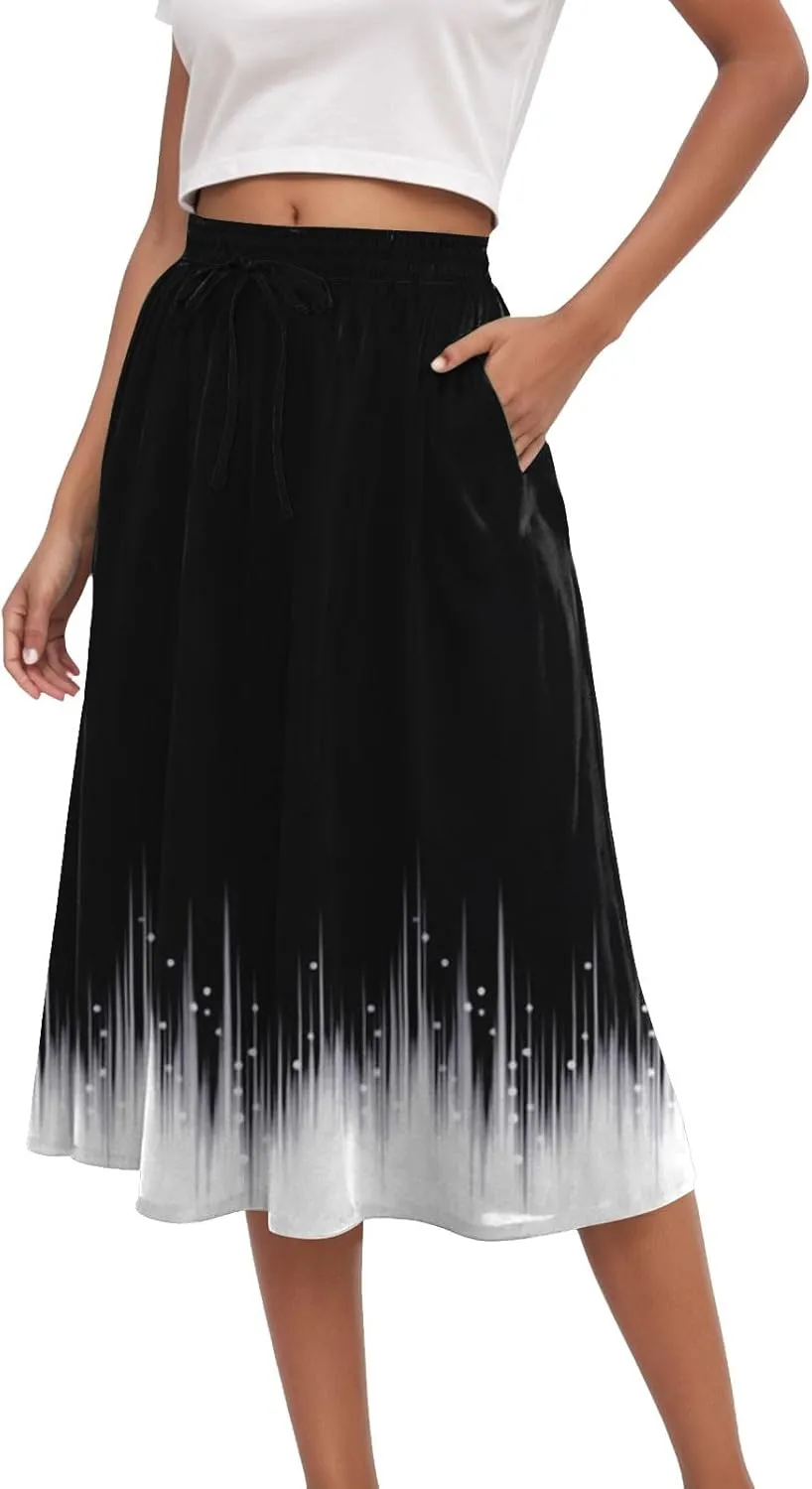 Women's Summer Boho Floral Midi Skirts Casual Flowy Tiered A-Line Elastic Waist Skirt with Pockets