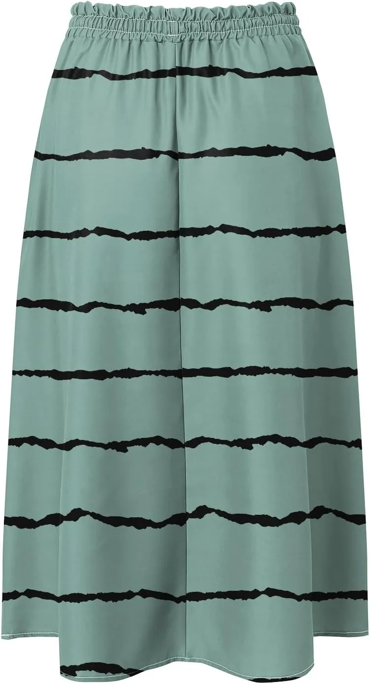 Women's Summer Boho Floral Midi Skirts Casual Flowy Tiered A-Line Elastic Waist Skirt with Pockets