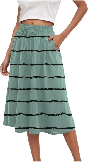 Women's Summer Boho Floral Midi Skirts Casual Flowy Tiered A-Line Elastic Waist Skirt with Pockets