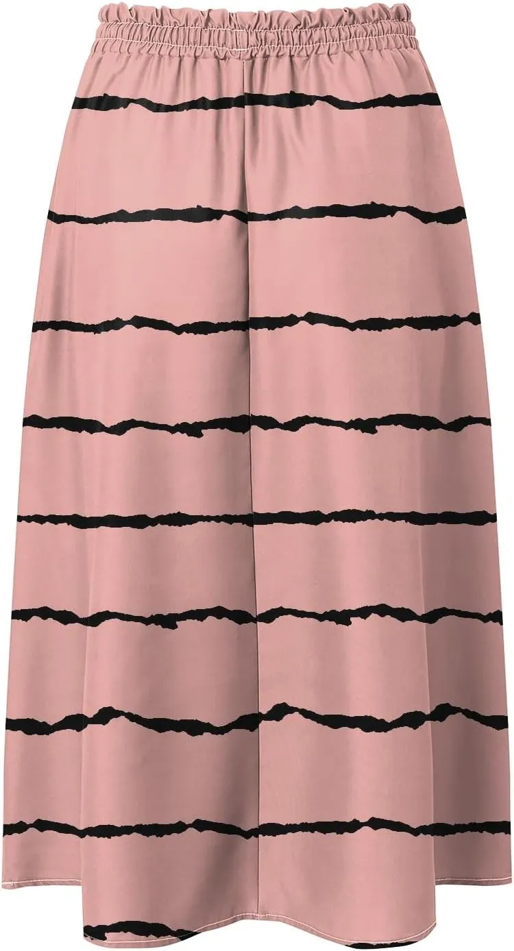 Women's Summer Boho Floral Midi Skirts Casual Flowy Tiered A-Line Elastic Waist Skirt with Pockets