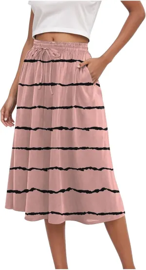 Women's Summer Boho Floral Midi Skirts Casual Flowy Tiered A-Line Elastic Waist Skirt with Pockets