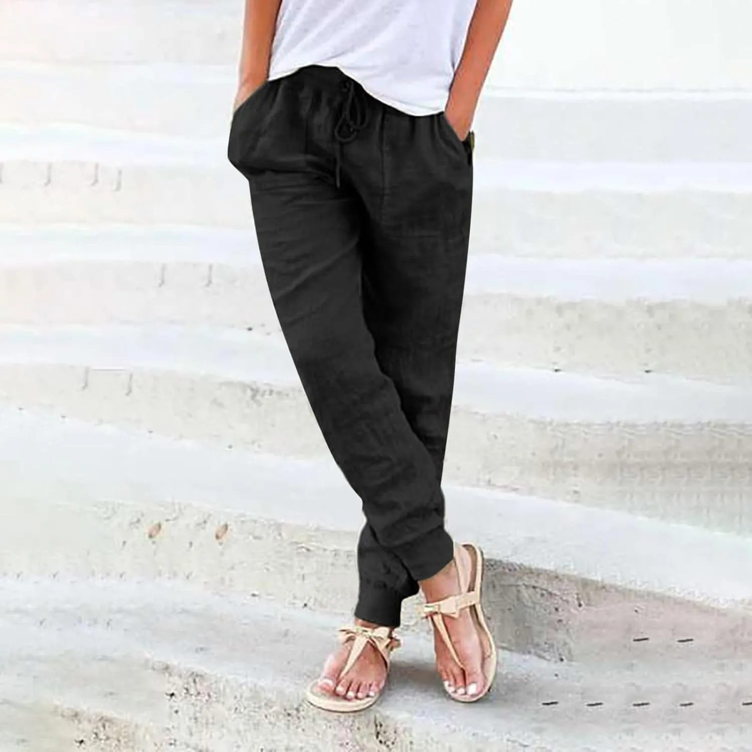 Womens Summer Linen Pants Casual Long Trousers Drawstring Elastic Waist Lounge Pants Comfy Sweatpants Joggers Pockets