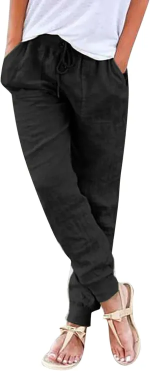 Womens Summer Linen Pants Casual Long Trousers Drawstring Elastic Waist Lounge Pants Comfy Sweatpants Joggers Pockets