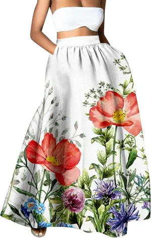 Womens Summer Maxi Skirt Boho Long Skirts Pleated Dress Casual 2025 A Line Plus Size Tiered Beach Vacation Clothing