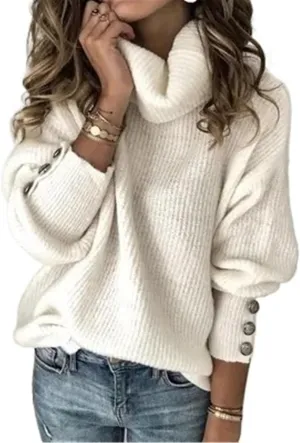 Women's Turtleneck Oversized Pullover Long-Sleeved Shawl Winter Casual Loose Buttoned Knitted Sweater Tops