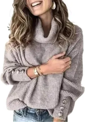 Women's Turtleneck Oversized Pullover Long-Sleeved Shawl Winter Casual Loose Buttoned Knitted Sweater Tops