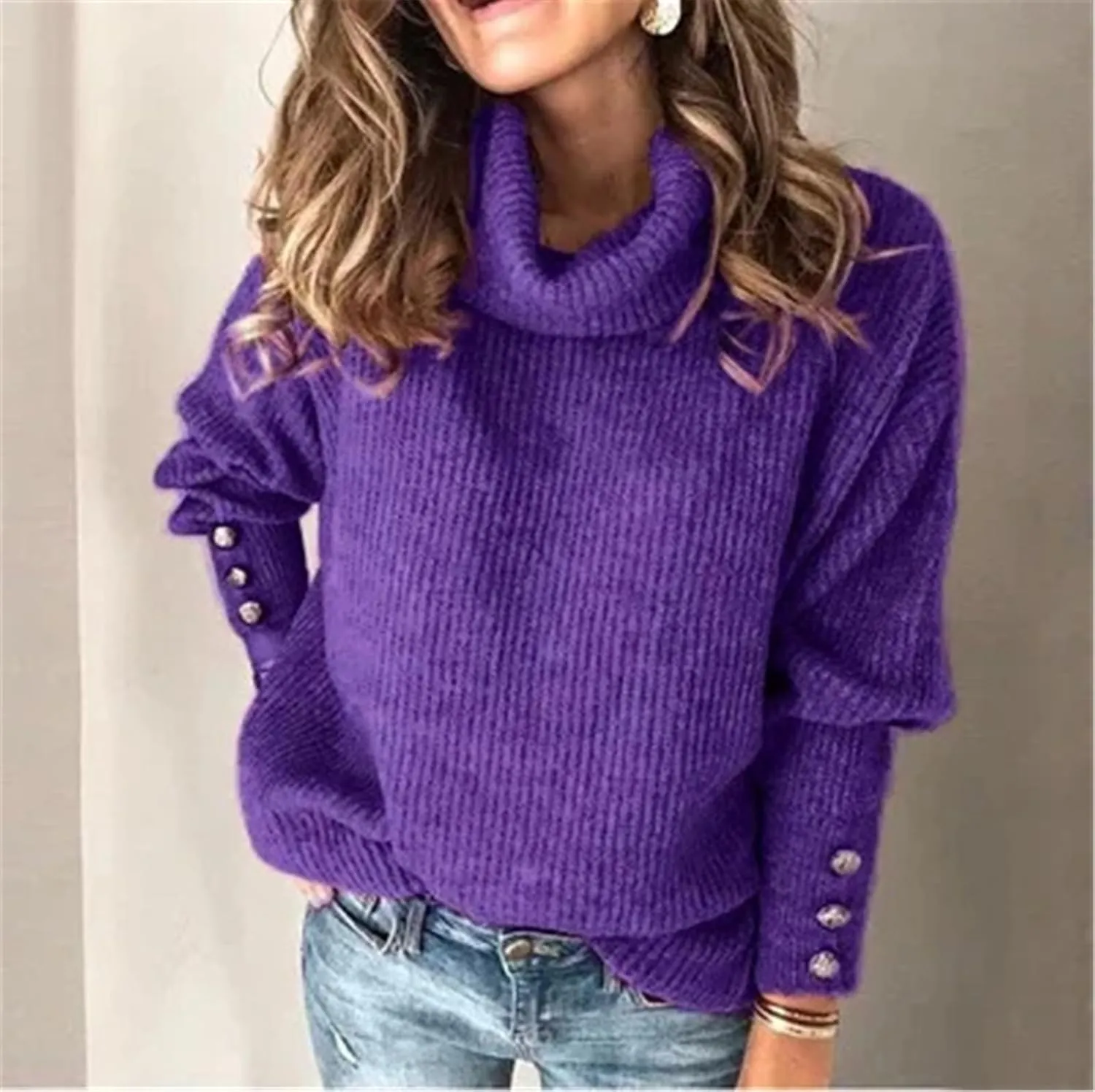 Women's Turtleneck Oversized Pullover Long-Sleeved Shawl Winter Casual Loose Buttoned Knitted Sweater Tops