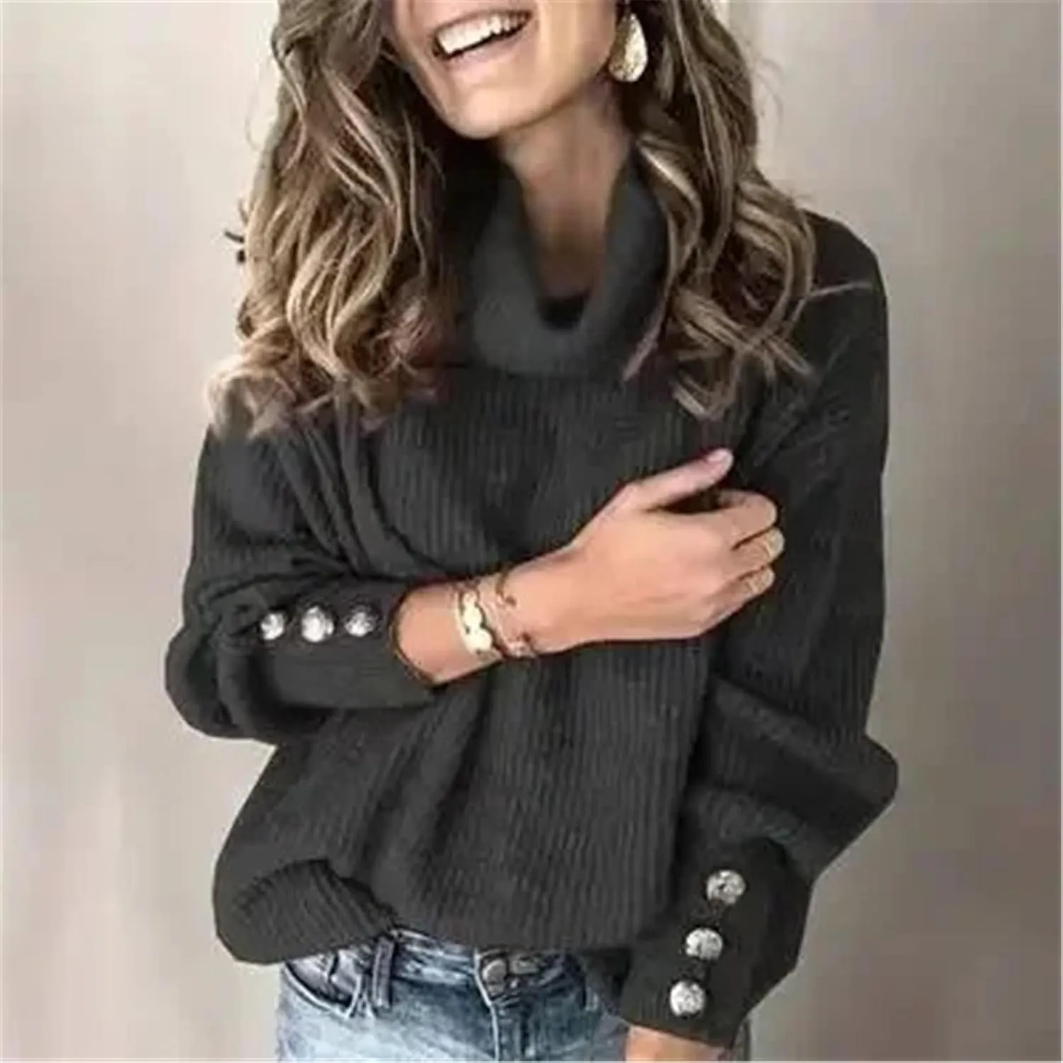 Women's Turtleneck Oversized Pullover Long-Sleeved Shawl Winter Casual Loose Buttoned Knitted Sweater Tops