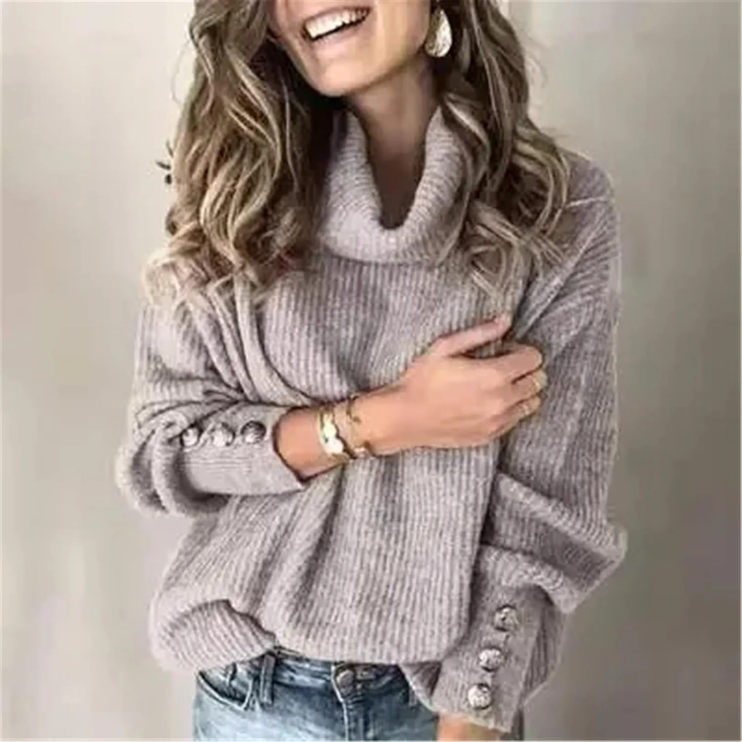 Women's Turtleneck Oversized Pullover Long-Sleeved Shawl Winter Casual Loose Buttoned Knitted Sweater Tops