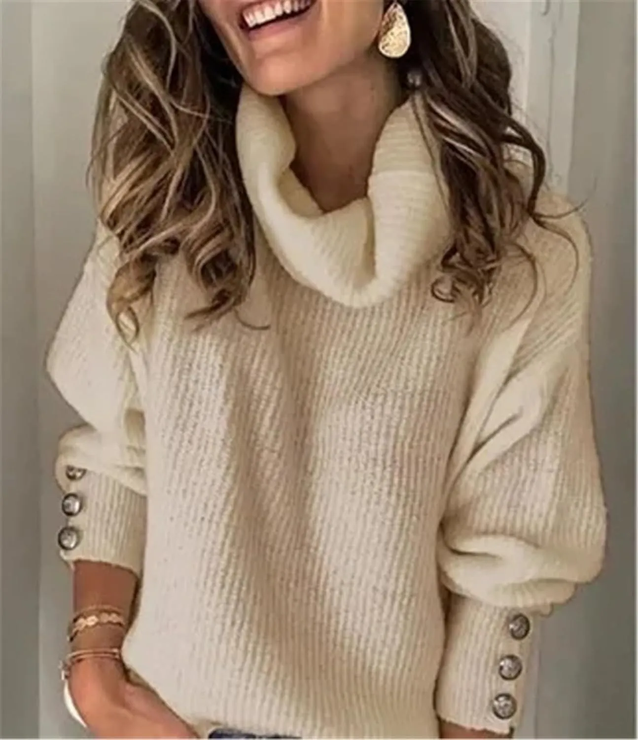 Women's Turtleneck Oversized Pullover Long-Sleeved Shawl Winter Casual Loose Buttoned Knitted Sweater Tops