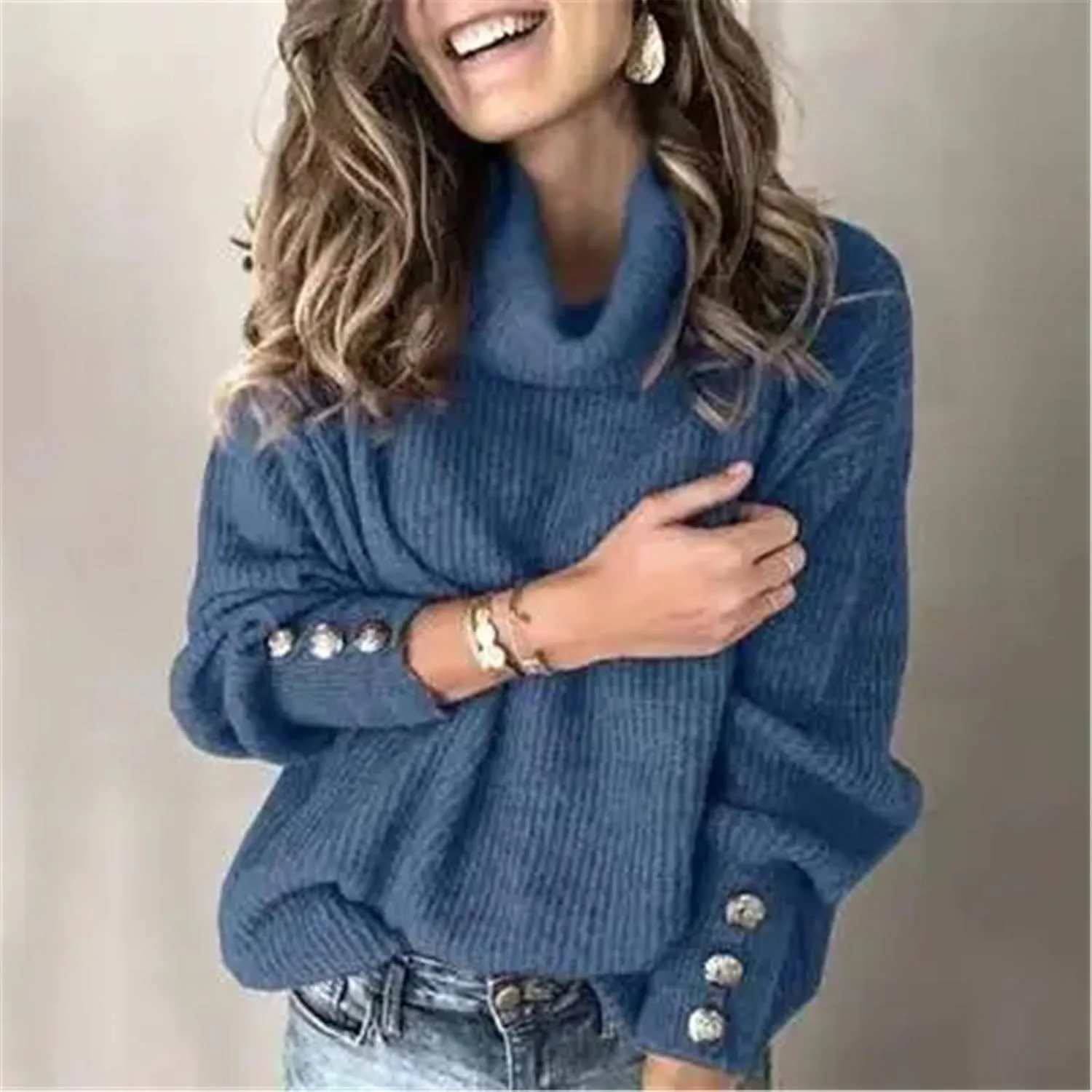 Women's Turtleneck Oversized Pullover Long-Sleeved Shawl Winter Casual Loose Buttoned Knitted Sweater Tops