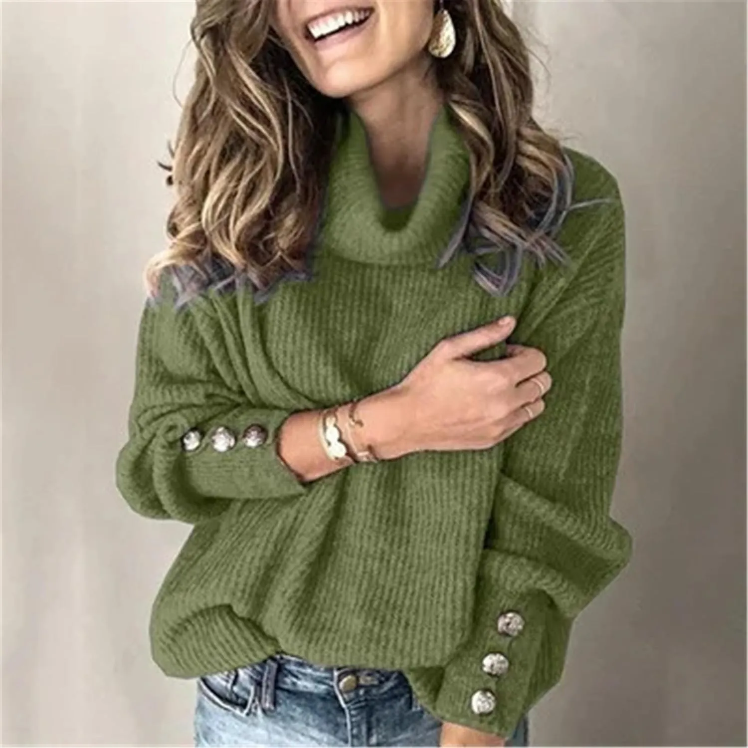 Women's Turtleneck Oversized Pullover Long-Sleeved Shawl Winter Casual Loose Buttoned Knitted Sweater Tops