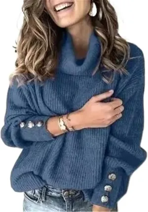 Women's Turtleneck Oversized Pullover Long-Sleeved Shawl Winter Casual Loose Buttoned Knitted Sweater Tops