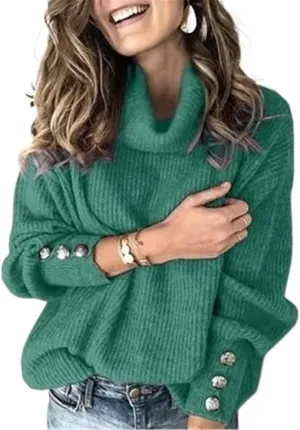 Women's Turtleneck Oversized Pullover Long-Sleeved Shawl Winter Casual Loose Buttoned Knitted Sweater Tops