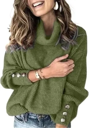 Women's Turtleneck Oversized Pullover Long-Sleeved Shawl Winter Casual Loose Buttoned Knitted Sweater Tops