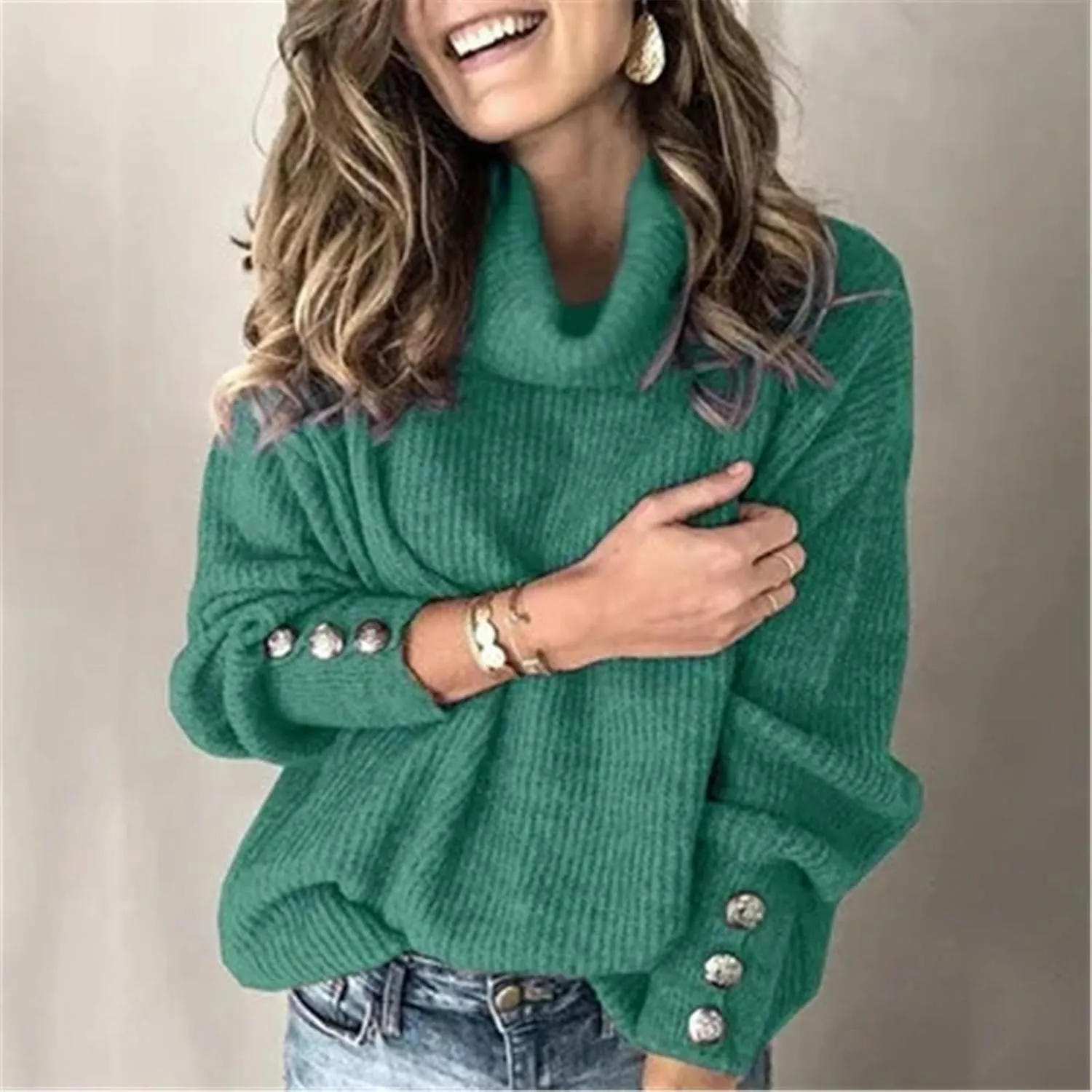 Women's Turtleneck Oversized Pullover Long-Sleeved Shawl Winter Casual Loose Buttoned Knitted Sweater Tops
