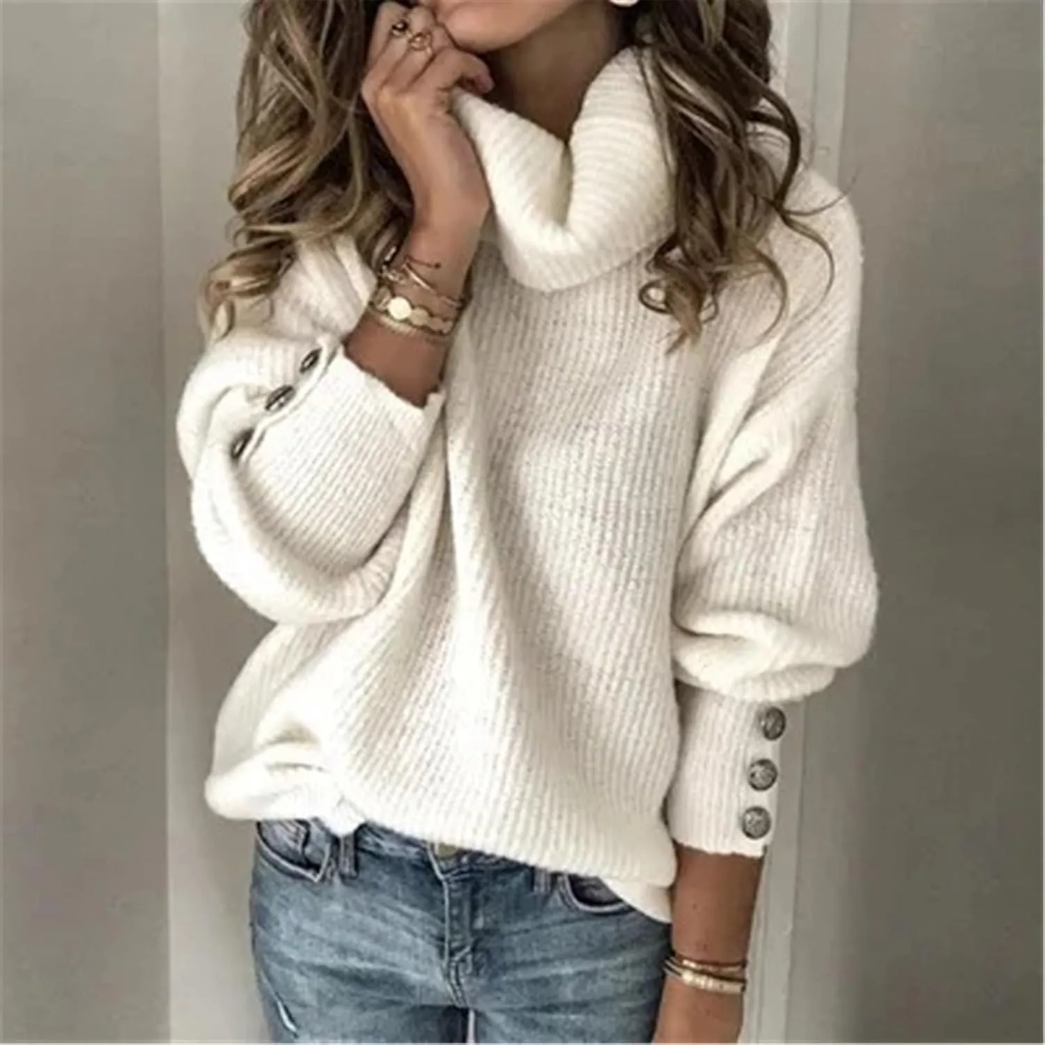 Women's Turtleneck Oversized Pullover Long-Sleeved Shawl Winter Casual Loose Buttoned Knitted Sweater Tops