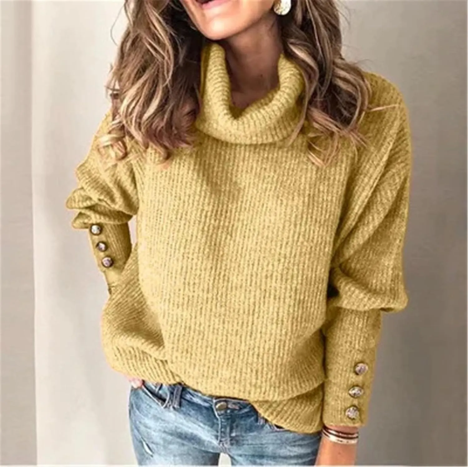 Women's Turtleneck Oversized Pullover Long-Sleeved Shawl Winter Casual Loose Buttoned Knitted Sweater Tops
