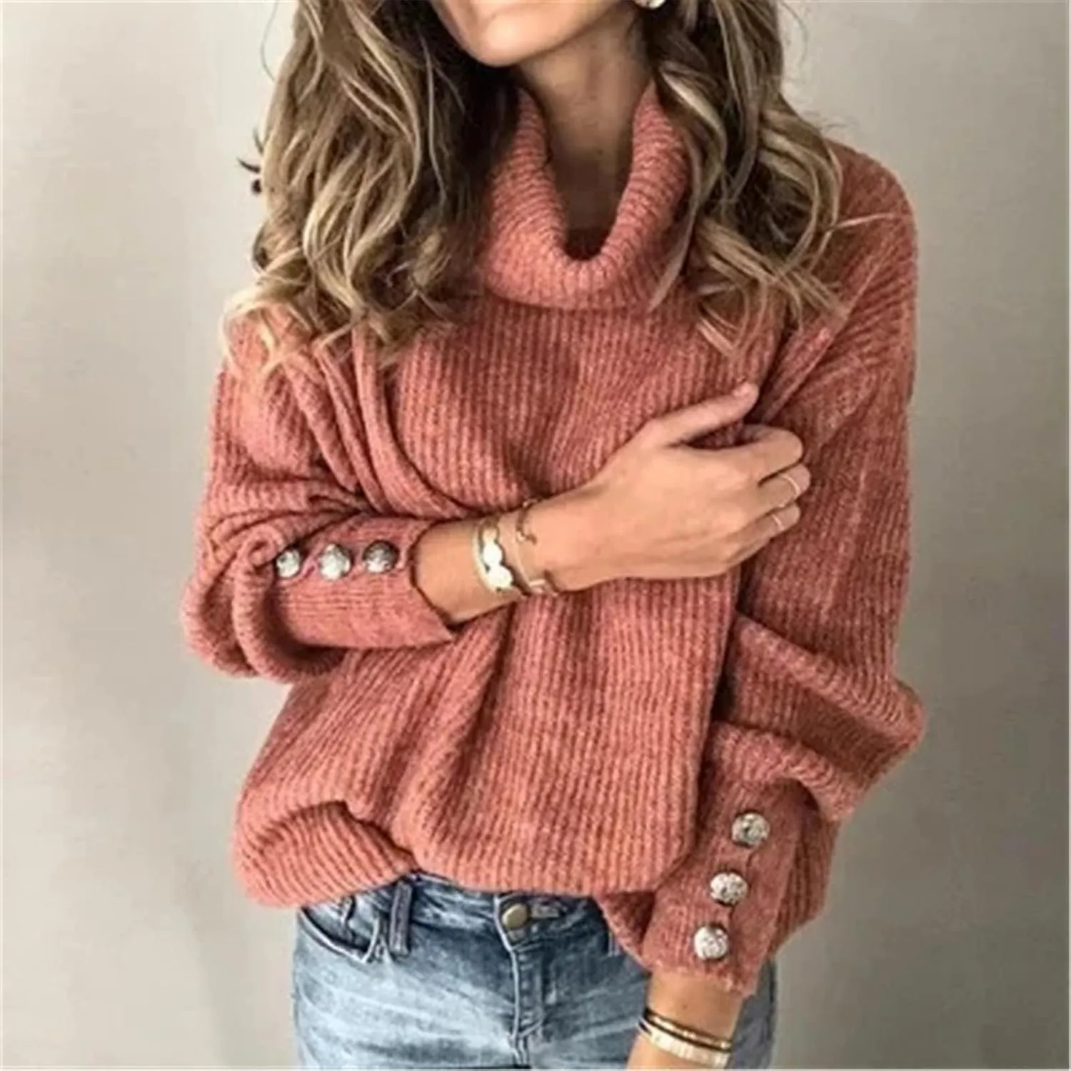 Women's Turtleneck Oversized Pullover Long-Sleeved Shawl Winter Casual Loose Buttoned Knitted Sweater Tops